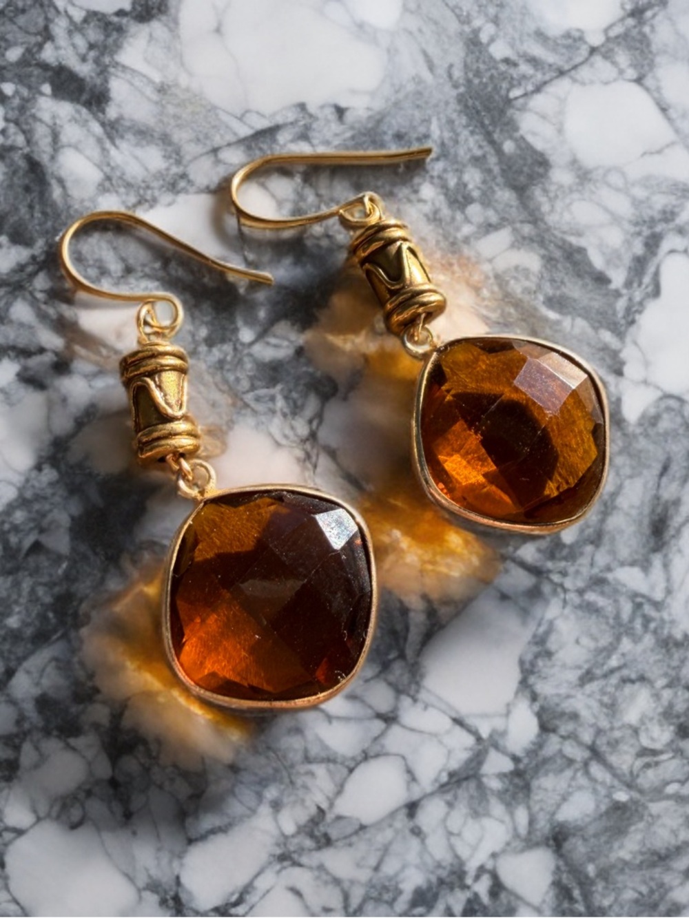 Amber Brown Gemstone Drop Earrings Gold Tone Dangle Earrings